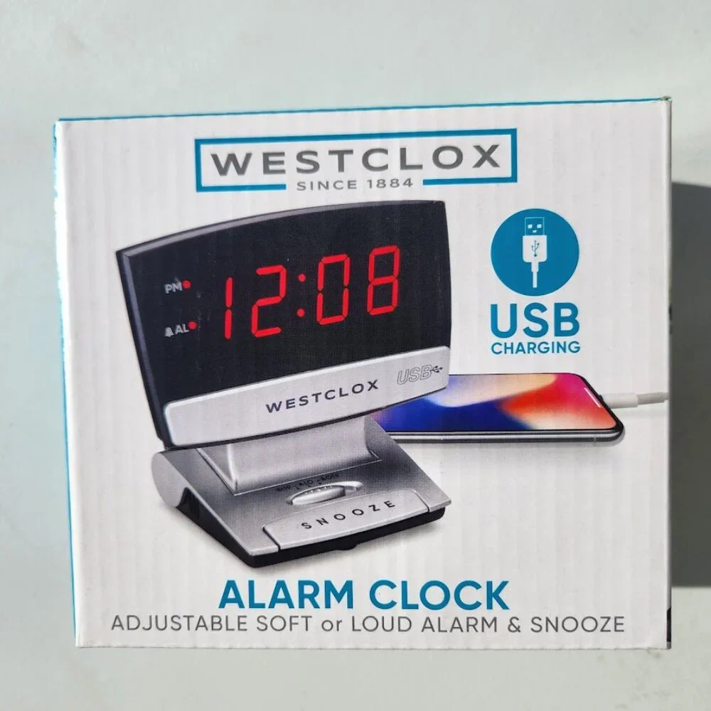 Digital Desk Table Alarm Clock with USB Charging Port Black Silver LED Large 0.9